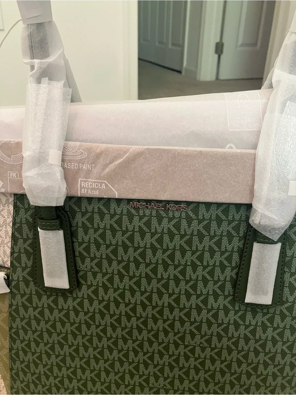 Michael Kors Green and Cream MK Logo Tote with Olive Side Panels